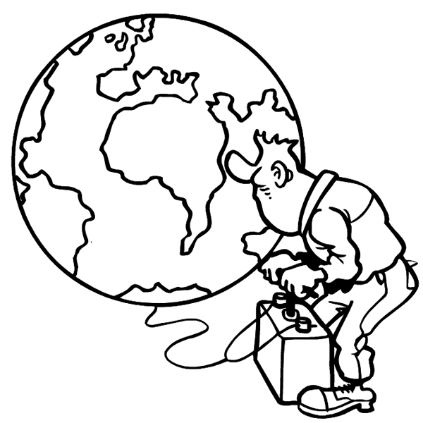 Man getting ready to push the plunger and blow up planet earth vinyl sticker. Environment Pollution Conservation 034-0179